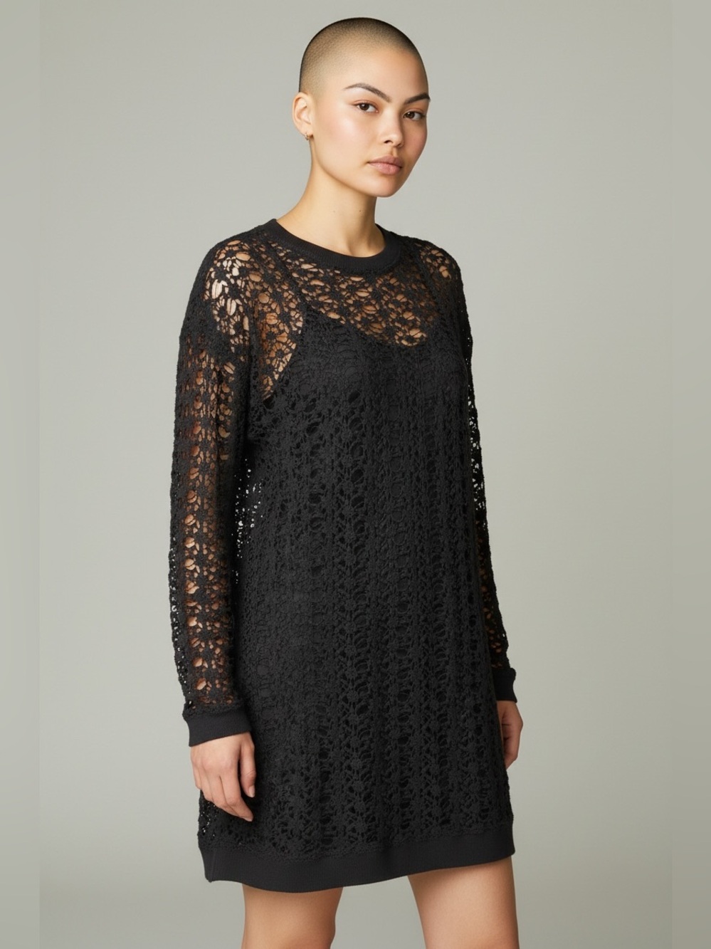 ALL SAINTS Black Crochet Long Sleeve Mini Dress